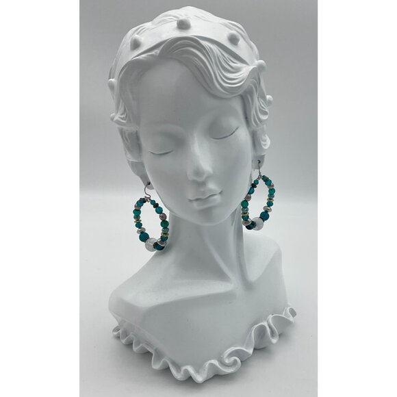 Chicos Silvertone Teal and White Marbled Stone Anne Hoop Earrings Hook Backs - Picture 4 of 5